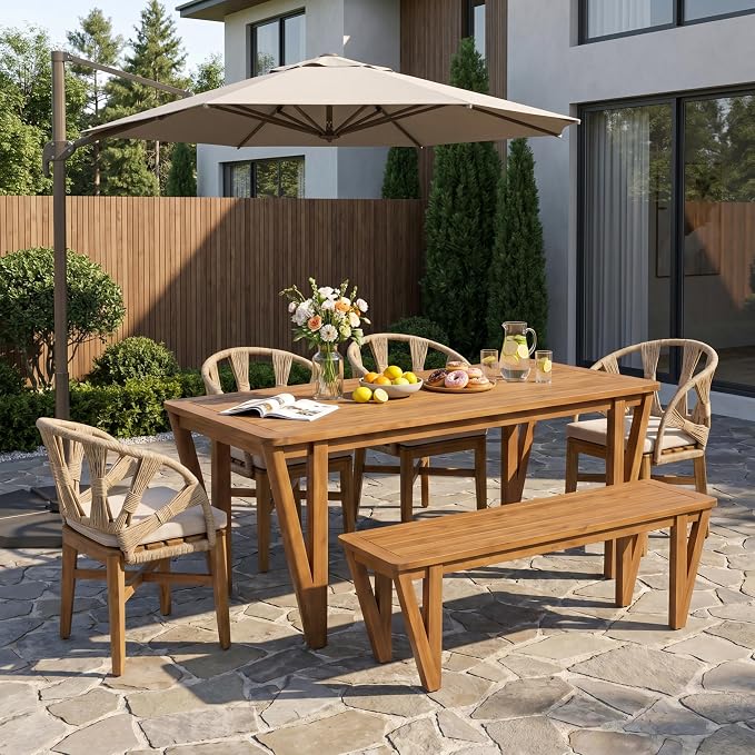 Christopher Knight Home para Acacia Wood Patio Dining Set with Bench, Solid Wood Outdoor Dining Table Set for 6, Outdoor Dining Set with Water-Resistant Cushion, Teak+Beige