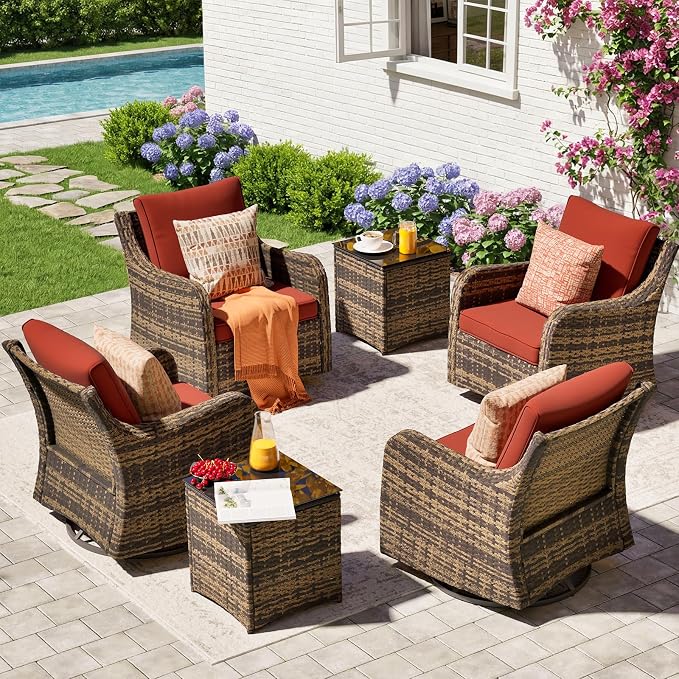 MEISSALIVVE Outdoor Patio Furniture Set with Swivel Chair, 6 Pieces Patio Conversation Set, Patio Sectional Furniture Set with 4 Swivel Rocker Patio Chair and 2 Side Table (Red)
