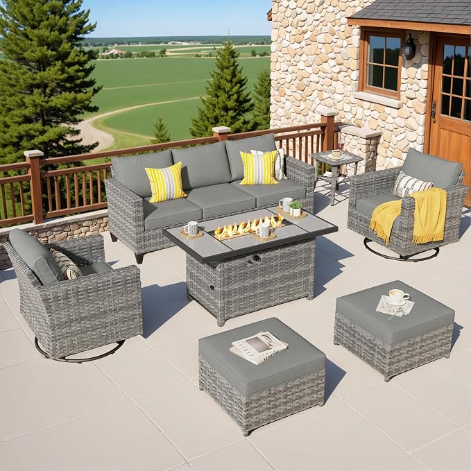 ovios 7 Pieces Patio Furniture Set with Rectangular Fire Pit Table, Swivel Rocking Chairs, Outdoor High Back Wicker Rattan Conversation Set for Deck Porch, Dark Grey