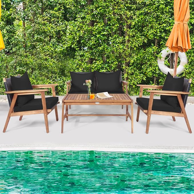 COSTWAY 4 Pieces Acacia Wood Patio Conversation Set, Outdoor Wicker Sofa with Coffee Table & Cushions, Patio Rattan Furniture Set for Yard, Porch, Poolside, Balcony, Backyard, Black & Turquoise