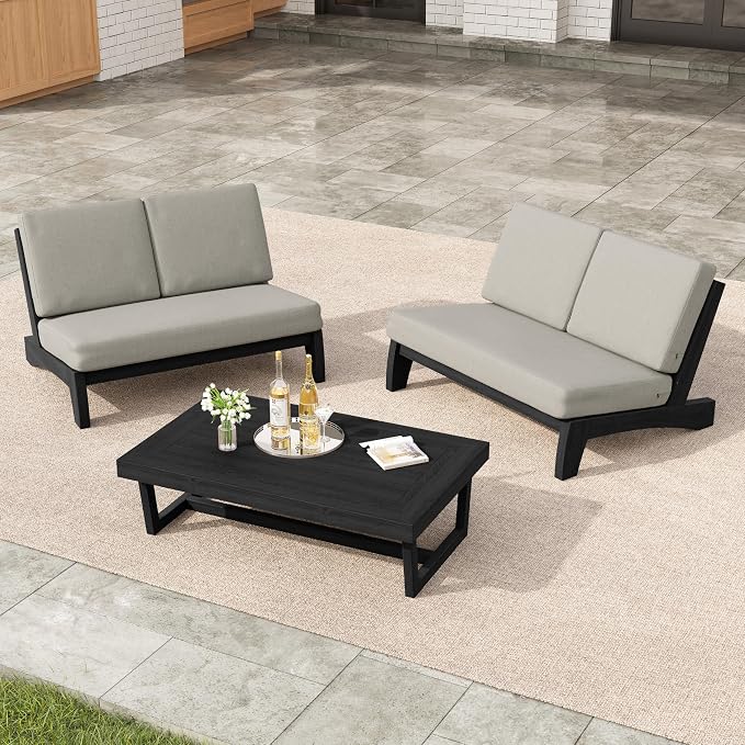 3 Pieces Patio Furniture Sets, All-Weather Outdoor Wood Bistro Set Patio Conversation Coffee Table Chiars and Patio Loveseat for Balcony, Backyard
