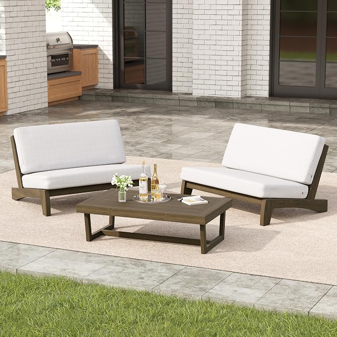 3 Pieces Patio Furniture Sets, All-Weather Outdoor Wood Bistro Set Patio Conversation Coffee Table Chiars and Patio Loveseat for Balcony, Backyard