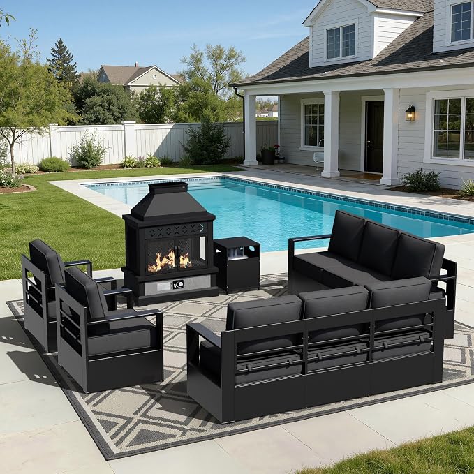 Outdoor Aluminum Furniture Set, 5-Piece Patio Conversation Set, 2 Swivel Chairs, 2 Sofa and 1 Fireplace, All-Weather Metal Frame, 6" Thick Removable Cushions, Deep Setting for Garden and Porch
