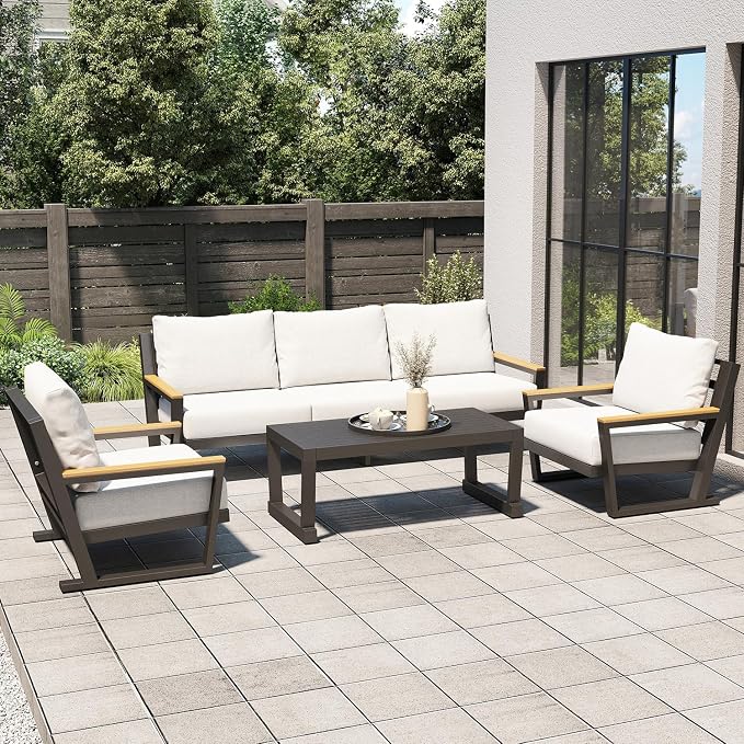 Aluminum Outdoor Patio Furniture Set with Coffee Table,4 Piece Patio Conversation Sets with Washable Thick Cushions, Outdoor Sectional Furniture Set for Porch, Balcony, Deck, Yard, Grey