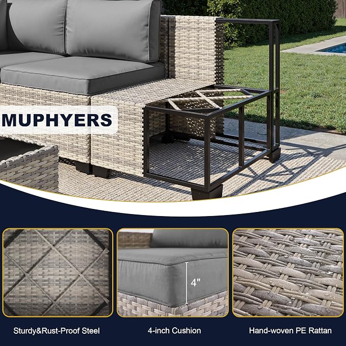 7-Piece Outdoor Patio Furniture Set, PE Wicker Rattan Sectional Sofa Conversation Set with Tempered Glass Table & Thick Cushions - All-Weather Garden, Backyard Furniture, Grey