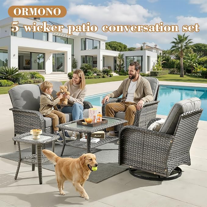 5 Pieces Patio Furniture Set, All Weather Rattan Patio Conversation Sets with Swivel Rocking Chairs, Coffee Table, High Back Outdoor Furniture Loveseat for Porch, Backyard,Dark Grey