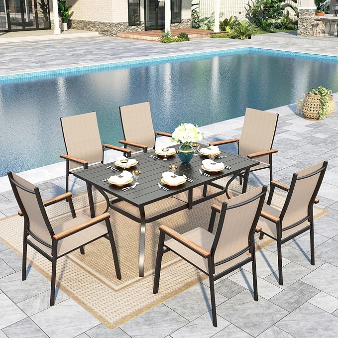 Sophia & William Patio Table and Chairs Set 7 Pieces, 6 Aluminium Patio Dining Chairs with 60" x 38" Metal Dining Table, Stackable and Easy to Move for Outdoor Garden Lawn (Beige)