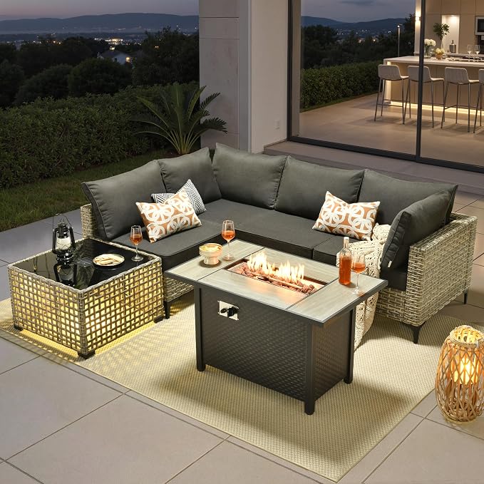 6 Pieces Patio Furniture Set with 42" Fire Pit, All-Weather Rattan Outdoor Sectional Conversation Sets L Shaped Sofas with Solar Light Coffee Table for Porch Balcony Backyard Black