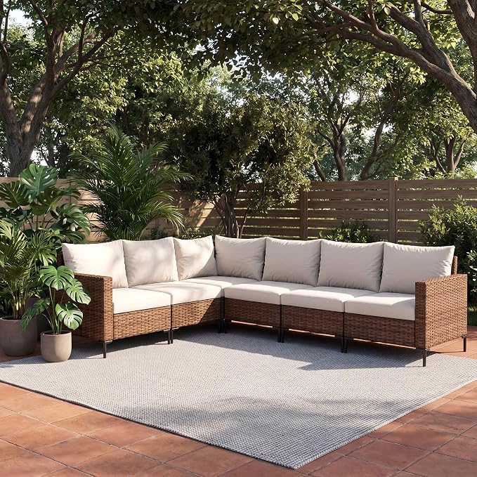 LAUSAINT HOME 6 Pieces Outdoor Patio Furniture Set, PE Wicker Sectional Conversation Sofa with Adjustable Backrests, Storage Ottoman & Wood Table with Umbrella Hole, Beige