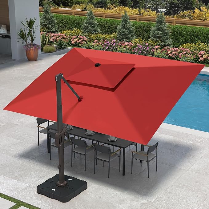 9 X 12 FT Cantilever Patio Umbrella with Led Lights and Base Included Outdoor Heavy Duty Double Top Rectangle Offset Umbrellas with 360-degree Rotation for Pool Deck Backyard, Wine Red