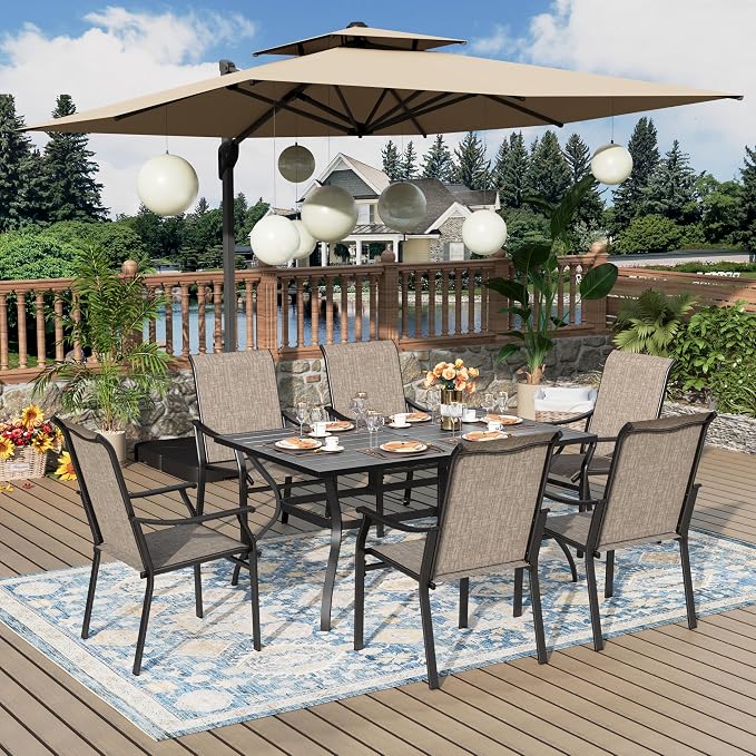 MIXPATIO 7 Pieces Patio Dining Set, Outdoor Furniture Set for 6 Person, 6 Patio Chairs Textilene and 1 Metal Large Dining Table, with 1.57" Umbrella Hole, for Lawn Garden Deck
