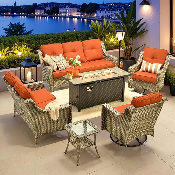 6 PCS Outdoor Patio Furniture Sets,Patio Conversation Sets Outside Rattan Soft Cushion Sofa with 2 Wicker Rocking Chairs & 54 in Fire Pit Table Fit Backyard Garden Poolside Balcony,Coarse Stripes Red