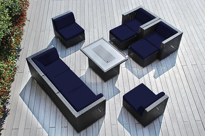 Sunbrella Navy Fully Assembled 10 Piece Ohana Outdoor Patio Furniture Black Wicker Conversation Set with Club Chairs and 42-inch Propane Gas Fire Table