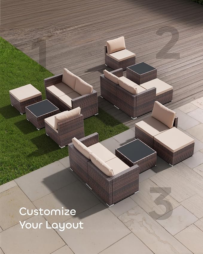 Skyfish Patio Furniture Set - Wide Armrests - All-Weather 5 Piece Outdoor Wicker Sectional Couch with Chaise Lounge,Couch Conversation Set, PE Rattan Sofa for Backyard Porch Poolside Brown/Khaki