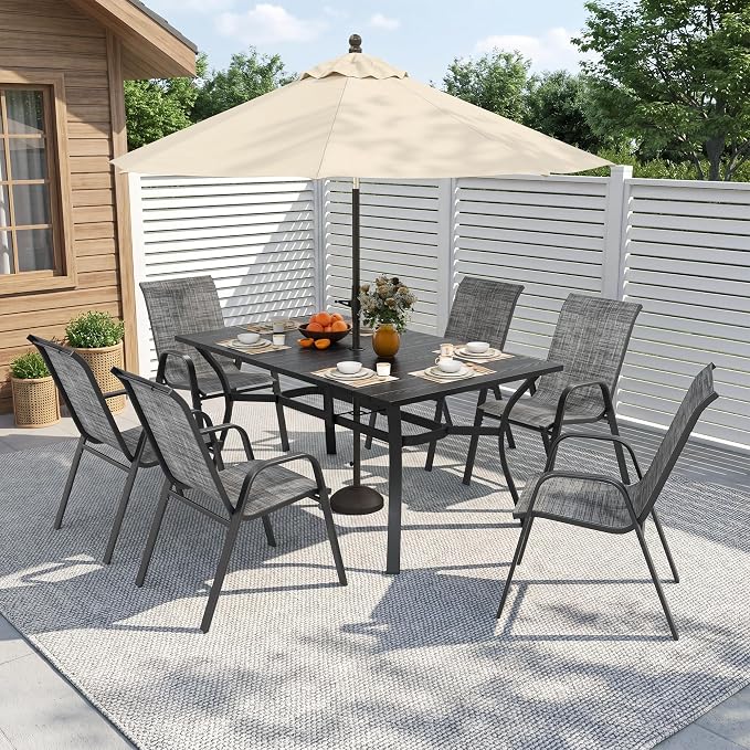 Outdoor Dining Set for 6, Patio Metal Table and Chairs Set with 1.97'' Umbrella Hole, 7pcs Patio Furniture Set 63”x37.8” Dining Table Set with Stackable Chairs for Backyard Pool Deck