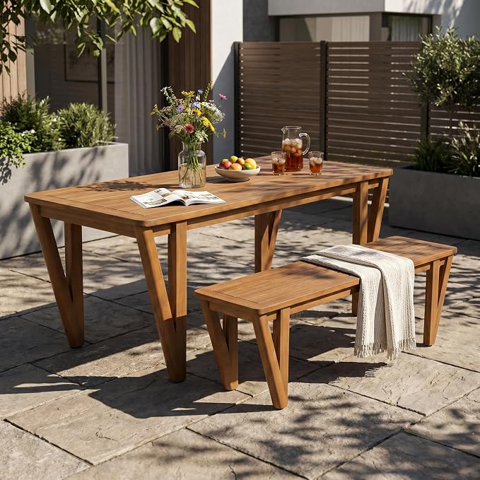 Christopher Knight Home Cove Acacia Wood Outdoor Dining Set for 2, Patio Dining Table with Bench, 2 Piece Outdoor Dining Table Set, Teak