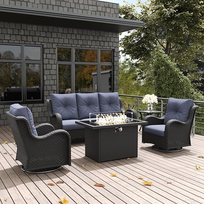 LayinSun 5 Pieces Outdoor Patio Furniture Set with Fire Pit Table, Rattan Wicker Sectional Swivel Rocker Chairs Sets with Swivel Glider Chair and Coffee Table