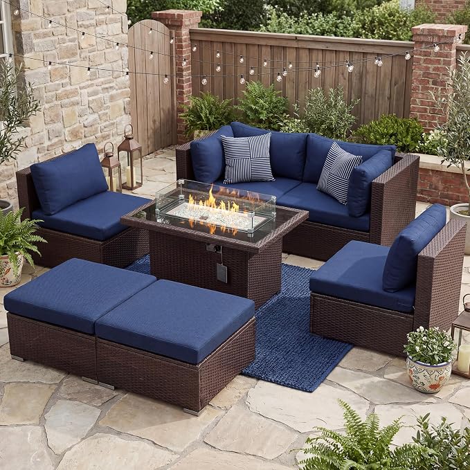 NICESOUL 7 Pcs Patio Conversation Set with Fire Table Natural Gas & Propane, 29.3'' High Backres Outdoor Sectional Sofa Sets, Large Deep Sitting Furniture for Exteriors, Brown Rattan and Blue Cushion