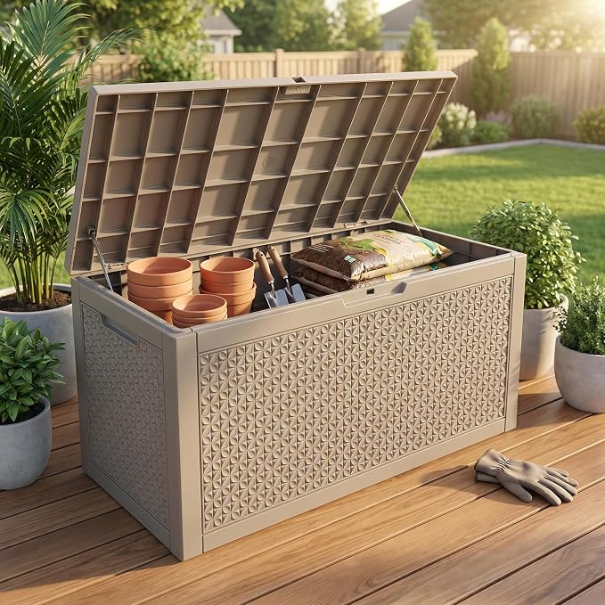 102 Gallon Outdoor Storage Box, Resin Deck Box Waterproof & Lockable, Patio Cushion Storage Bench for Garden, Pool, Furniture & Tools, UV Resistant Heavy Duty, Gray Brown