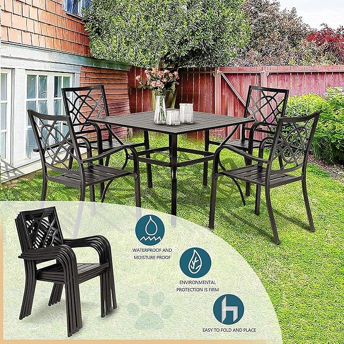 4 Pieces Outdoor Dining Chairs, Patio Bistro Wrought Iron Stackable Chairs with Armrest for Garden, Porch, Backyard, Black - Supports 250 lbs