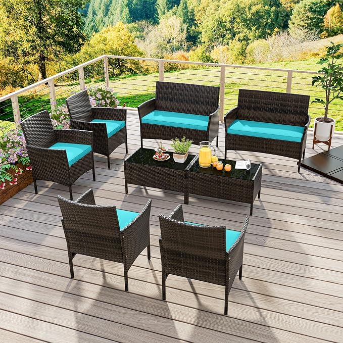 4 Piece Patio Furniture Set, Sectional Conversation Sofa Set with Glass Coffee Table, Cushions & Loveseat, Wicker Outdoor Table and Chairs for Pool, Garden, Deck, Backyard (2, Turquoise)