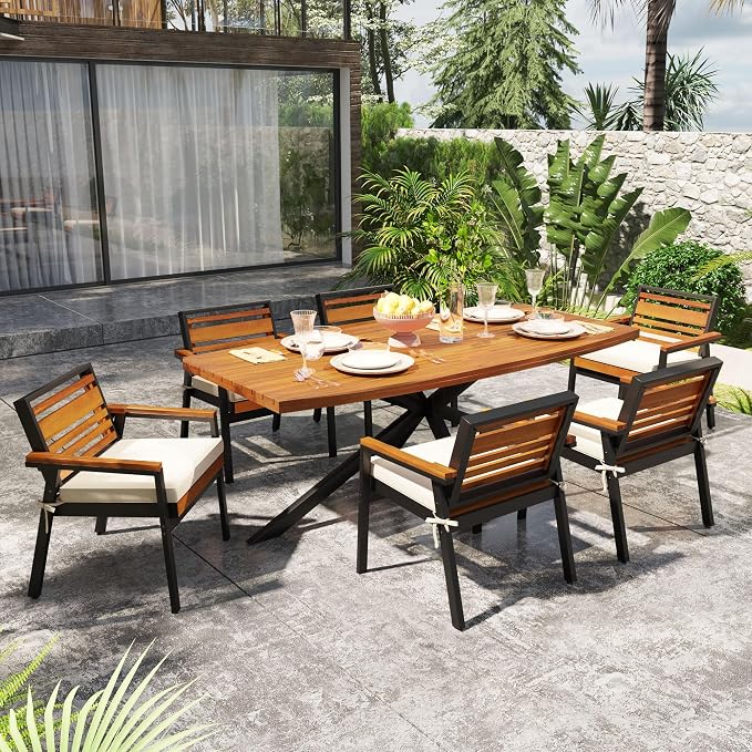 7-Piece Outdoor Patio Dining Set, All-Weather Rectangle Table and 6 Chairs with Dual-Layer Iron & Acacia Wood Seat Frame and Detachable Cushions for Backyard Garden Poolside (Beige-5.14)