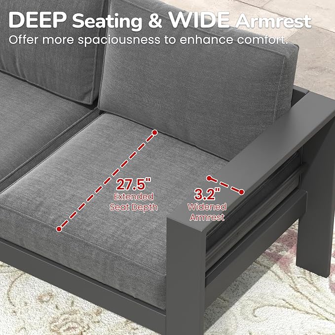 Solaste Aluminum Patio Furniture Set with Fire Pit Table, 4 Piece Metal Outdoor Furniture with Water-Resistant Cushions, Modern Patio Conversation Set for Balcony, Front Porch, and Backyard, Grey