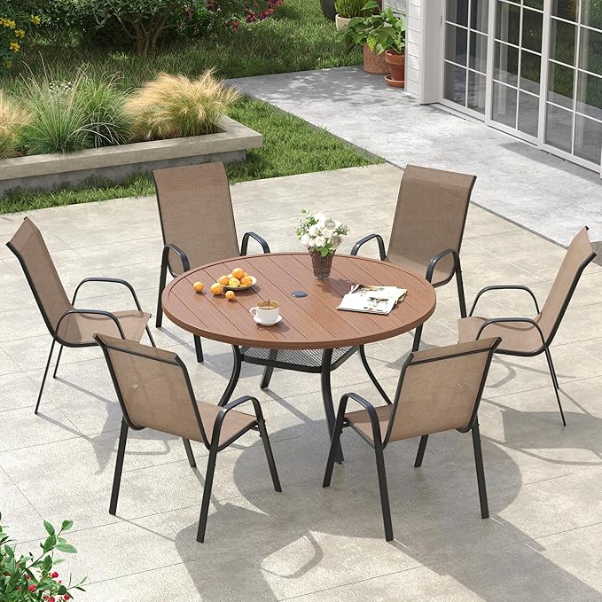 VICLLAX Round Patio Dining Set for 6, Metal Slatted Patio Table with Umbrella Hole and Stackable Patio Chairs for Deck Lawn Garden, Brown Fabric and Walnut Tabletop