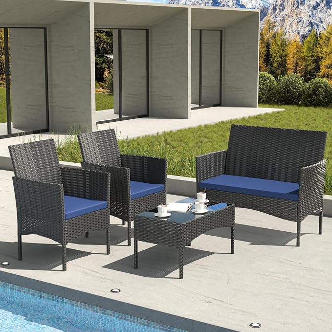 4 Pieces Outdoor Patio Furniture Sets,Wicker Conversation Set with Coffee Table,Loveseat and Wicker Patio Chairs with Soft Cushion for Porch, Garden, Lawn(Navy Blue)