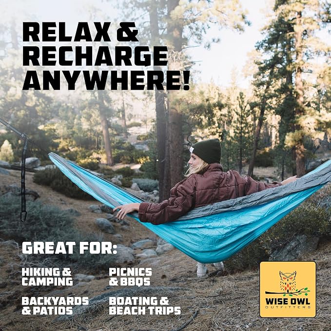 Wise Owl Outfitters Camping Hammock – up to 500lbs Portable Hammock with Tree Straps - Travel, Backpacking, Hiking, Outdoors Camping Gear - Single or Double