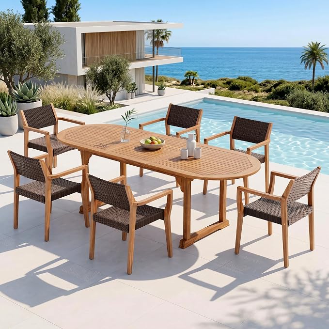 PHI VILLA Outdoor Dining Set for 6, Expandable Acacia Wood Table & Chairs | 7pc teak patio furniture set. Large farmhouse set for deck, porch, backyard.