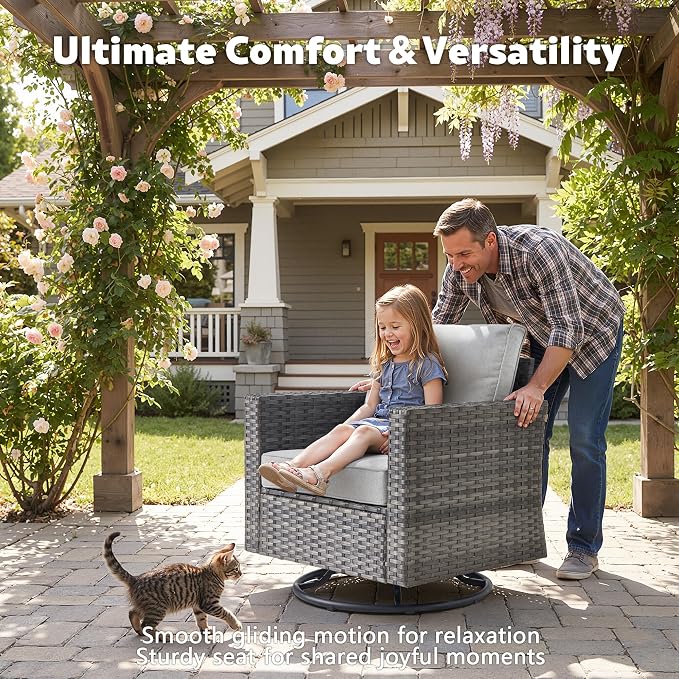 CAODOC 7-Piece Outdoor Wicker Patio Set with 7 Seats, Including 53" Fire Pit - Swivel Rocker Chairs and Conversation Set for Backyard or Lawn, Gray Rattan with Waterproof Gray Cushions