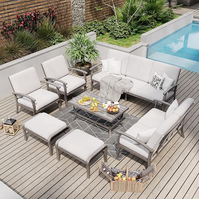 HAPPATIO 7 Piece Aluminum Patio Furniture Set, 3-Seat Outdoor Loveseat, Outdoor Sectional Sofa with Ottomans and Coffee Table, Garden Conversation Set with Armchairs for Lawn Deck (Gray)