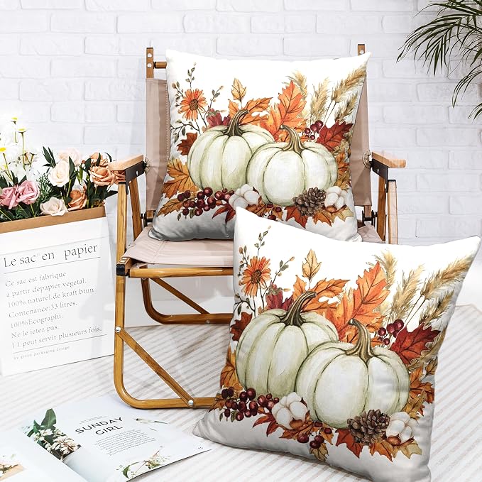 Fall Pumpkin Pillow Covers 18x18 Set of 2 Autumn Harvest Throw Pillow Covers Maple Leaves Pillowcase Thanksgiving Cushion Case for Home Decor Outdoor Sofa