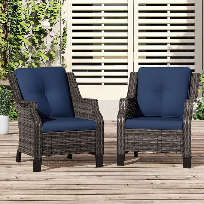 Patio Wicker Chairs Set of 2, Outdoor PE Conversation Bistro Chair Set with Cushions for Garden, Backyard, Balcony and Deck