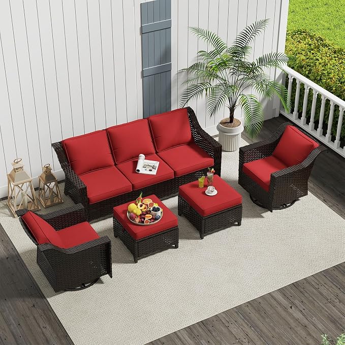 5 Pieces Patio Conversation Furniture Set - 1 Sofa, 2 Swivel Chairs, 2 Ottomans, Outdoor Wicker Furniture with Removable Cushions for Porch, Balcony, Sunroom (Red)