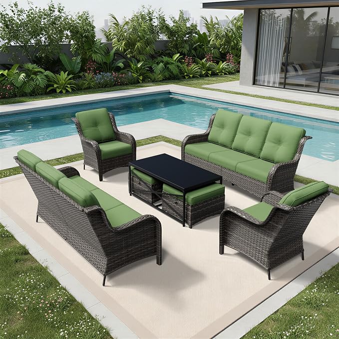 Joyside 7 Piece Wicker Patio Furniture Set, Rattan Patio Chairs with High Back, Deep Seating, Wide Armrest, Thickened Cushions, Outdoor Furniture for Deck, Porch Use