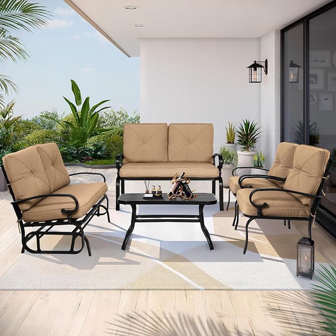 5 Pcs (6 Seats) Metal Outdoor Patio Furniture Conversation Sets, Glider, Loveseat and Coffee Table, 2 Single Chairs with Cushions (Brown)