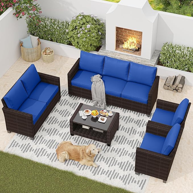 GAOMON 5-Piece Outdoor Patio Furniture Sets, 7 Seat PE Rattan Furniture Sectional Sofa Set with Storage Table, Patio Conversation Sets with Water-Repellent Cushions for Backyard, Deck, Poolside
