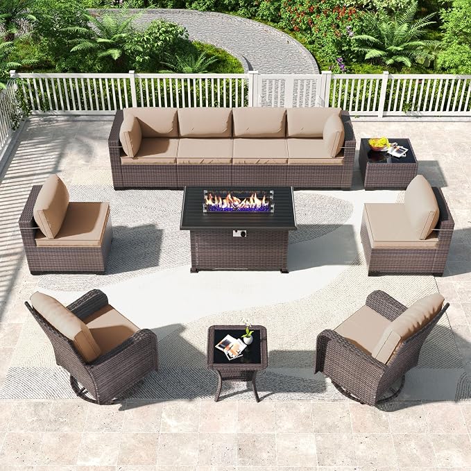Kullavik 11PCS Outdoor Patio Furniture Set,PE Wicker Rattan Sectional Sofa Patio Conversation Sets with 43" 55000BTU Gas Propane Fire Pit Table,Swivel Rocking Chairs Set,Sand
