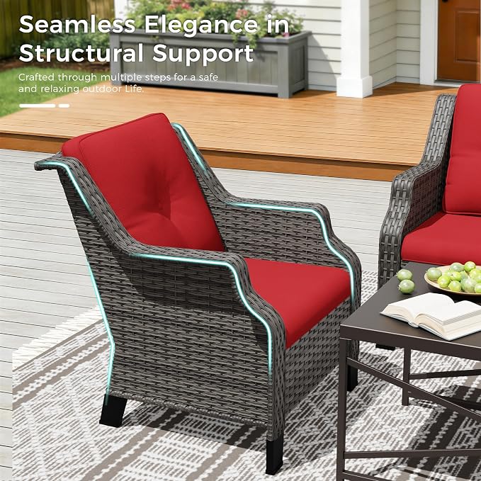 Outdoor Patio Furniture Set, 7 Piece Wicker Patio Furniture with Thick Cushions, Curved Armrest, Deep Seating, Rattan Outdoor Chairs for Porch, Deck, Balcony