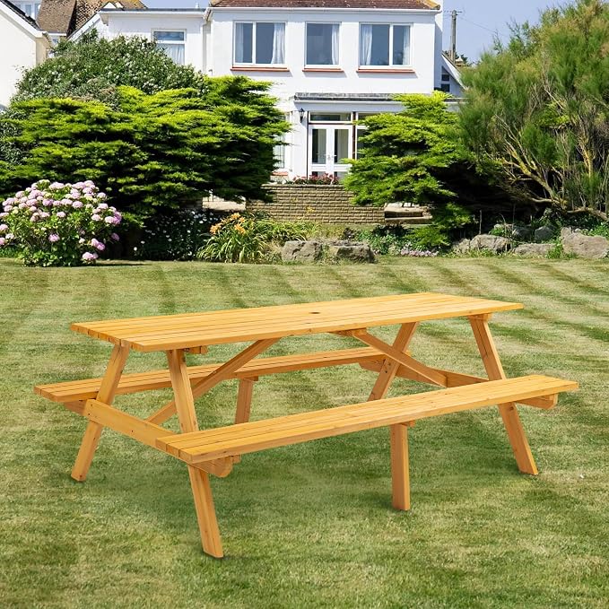 75'' Rectangular Outdoor Dining Table Wooden Patio Dining Table & 2 Built-in Bench for 8, 2" Umbrella Hole, Suitable for Backyard Garden Porch, Natural