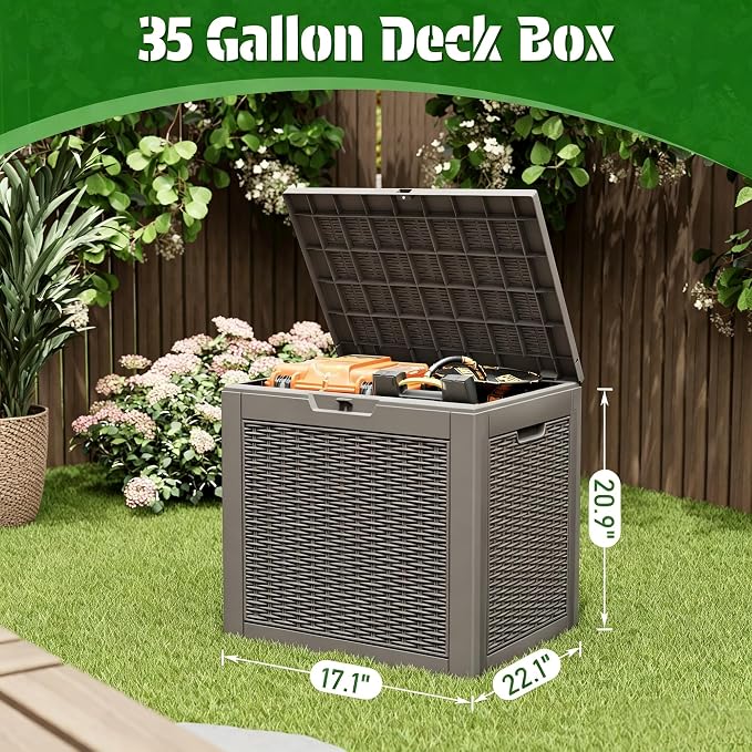 Bifanuo Outdoor Storage Box, 35 Gallon Deck Boxes Waterproof, Resin Storage Cabinet Multi Functional Storage Bench For Gardening Tools, Pool Supplies, Patio Furniture, Lockable