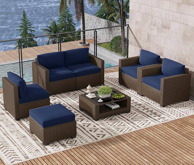 LOUVIXA 7 Piece Outdoor Patio Furniture Set, Rattan Chairs Glass Table Wicker Conversation Seating Sectional Sofa with Cushions (Brown-Navy, 7Pcs-2 Layer Coffee Table)