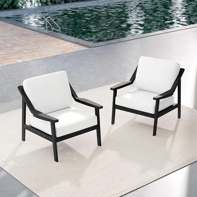 Outdoor Patio Furniture Set, 2 Piece Outdoor Patio Sofa Armchairs with Washable Thick Cushions, All-Weather Solid Wood Patio Bistro Set for Porch, Balcony, Black Frame & Beige Cushion