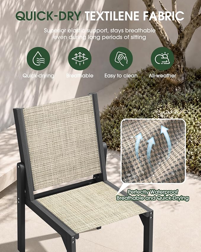 Patio Stackable Chairs Set of 2, HDPE Armless Outdoor Dining Chairs with Wide Seat, All-Weather Textilene Oversized Porch Chair for Garden, Poolside, Backyard, Deck | Grey