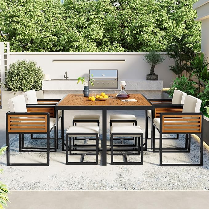 9-Piece Outdoor Patio Acacia Wood Dining Table Set, Square Table with 4 Cushioned Chairs& 4 Stools, All-Weather Resistant Conversation Set with Metal Frame, Space-Saving Design for 8 (Beige-1.8)