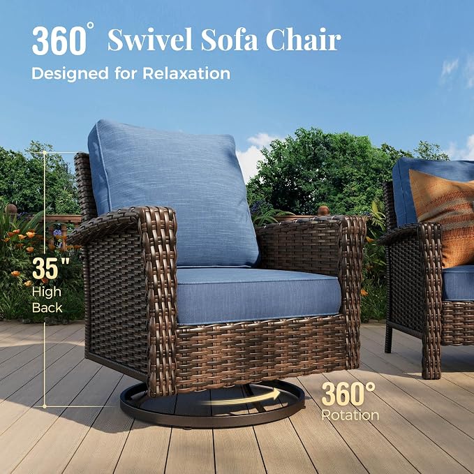 MIXPATIO 5-Piece Wicker Patio Furniture Set with Swivel Chairs, High Back Outdoor Furniture with 5.5-inch Thick Cushion and Ottoman, All-Weather Wicker Patio Conversation Set for Deck Lawn, Navy Blue