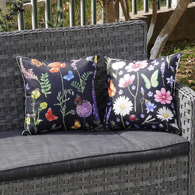 ONWAY Outdoor Waterproof Spring Summer Pillow Covers 16x16 Inch Set of 4 Floral Farmhouse Throw Pillows Decorative Cushion Cases for Outdoor Couch Sofa Patio Furniture Home Decoration Black