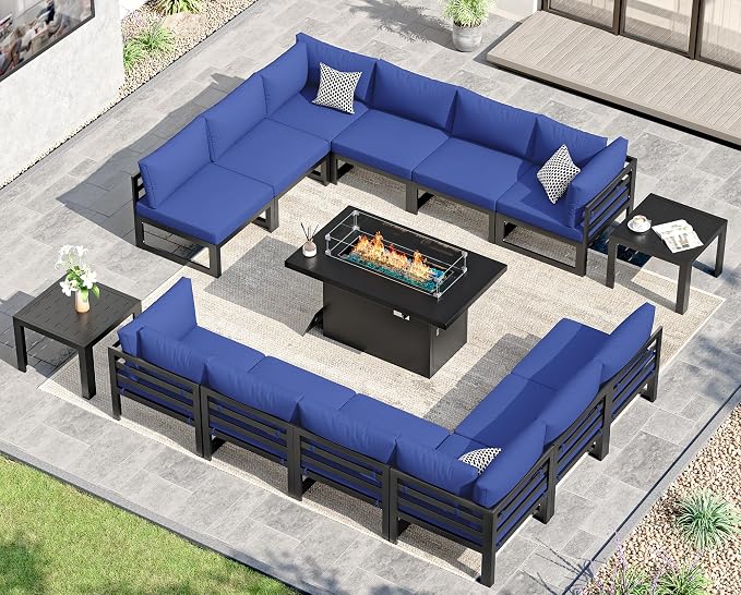 NICESOUL 15 Pcs Large Modern Aluminum Patio Furniture Set with Fire Pit Table Propane/Gas, L Shaped Sectional Sofa with Side Table, 500 lbs Heavy Duty Comfy Outdoor Couch for Backyard Lawn, Navy Blue